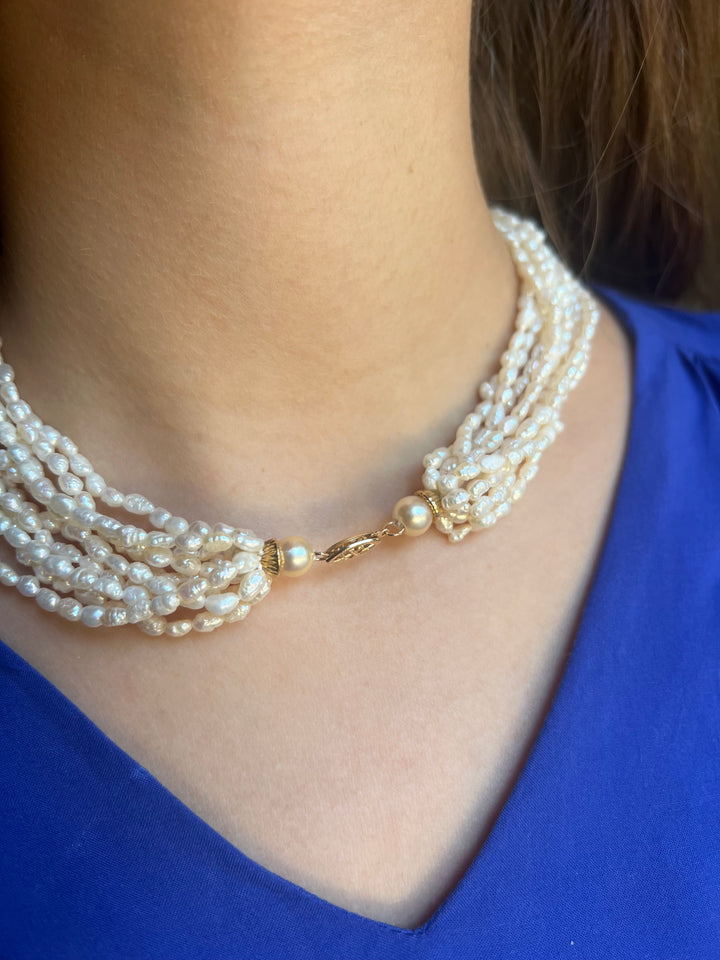 Vintage Cultured Multi-Strand Pearl Necklace in 14k Yellow Gold 16.5"