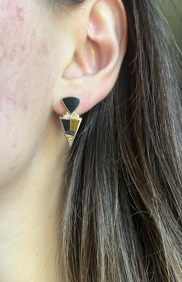 Vintage 80’s-90’s Onyx, Tigers Eye, Natural Stone Inlay Earrings in 14k Yellow Gold