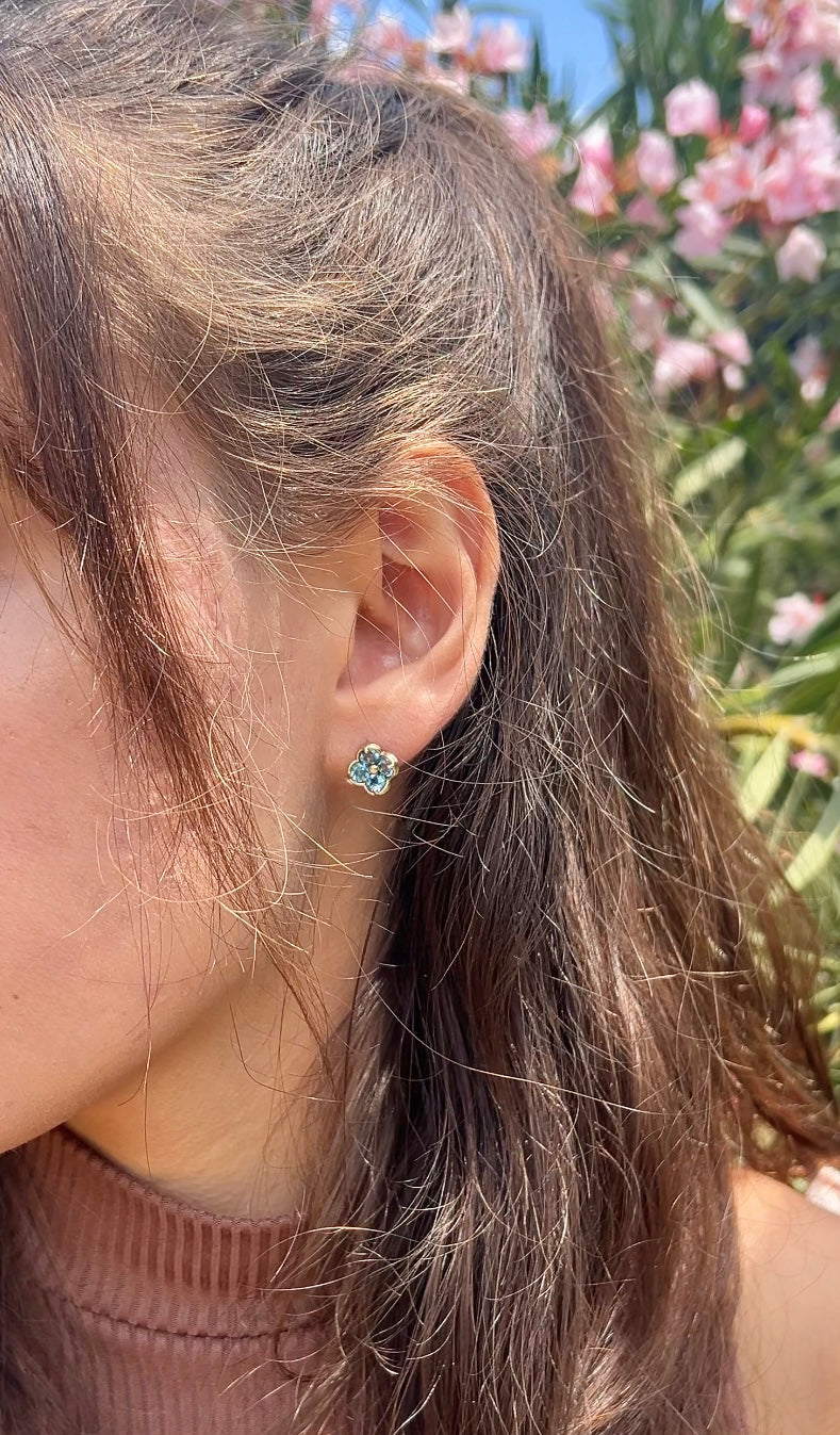 Vintage Blue Topaz Flower Earrings 2.64 TCW in 14k Yellow Gold