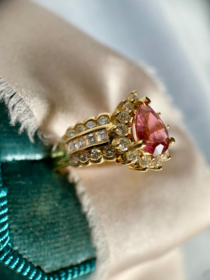 1.91 TCW Pink Tourmaline Ring Surrounded by Diamonds in 18k Yellow Gold