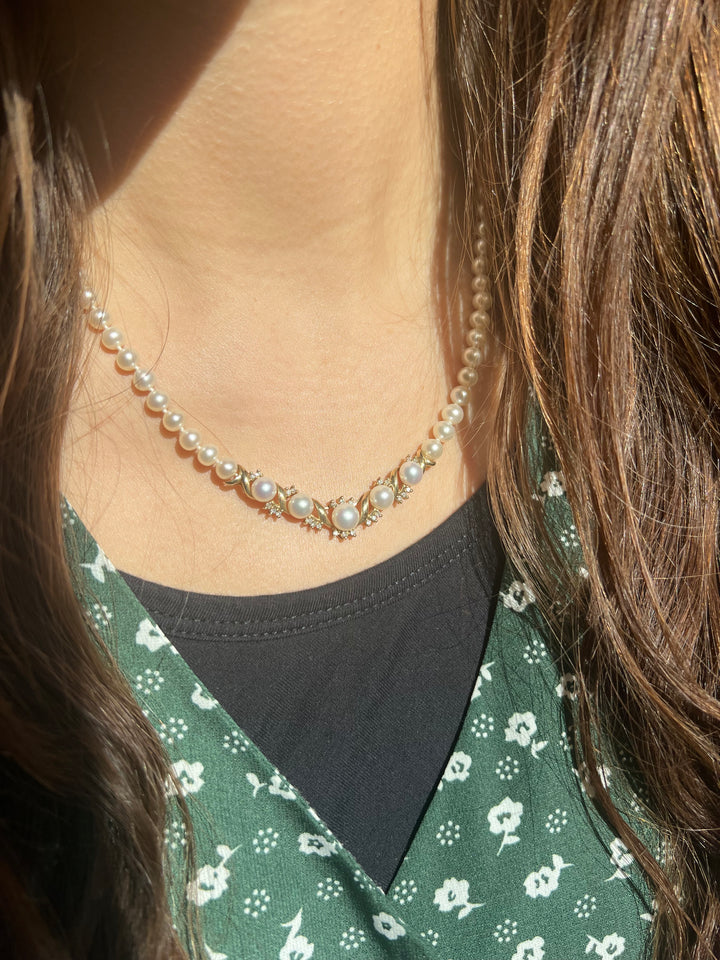 Star Of The Sea Vintage Cultured Pearl and Diamond Necklace in 10k Yellow Gold 17.5"