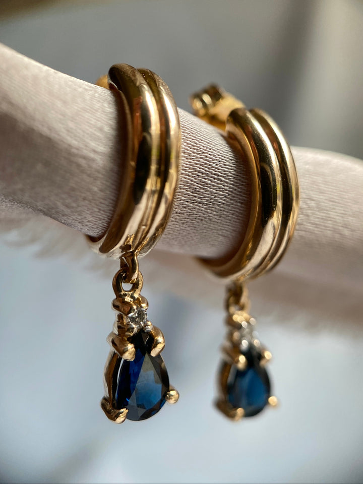 Lovely Blue Sapphire and Diamond Gold hoops