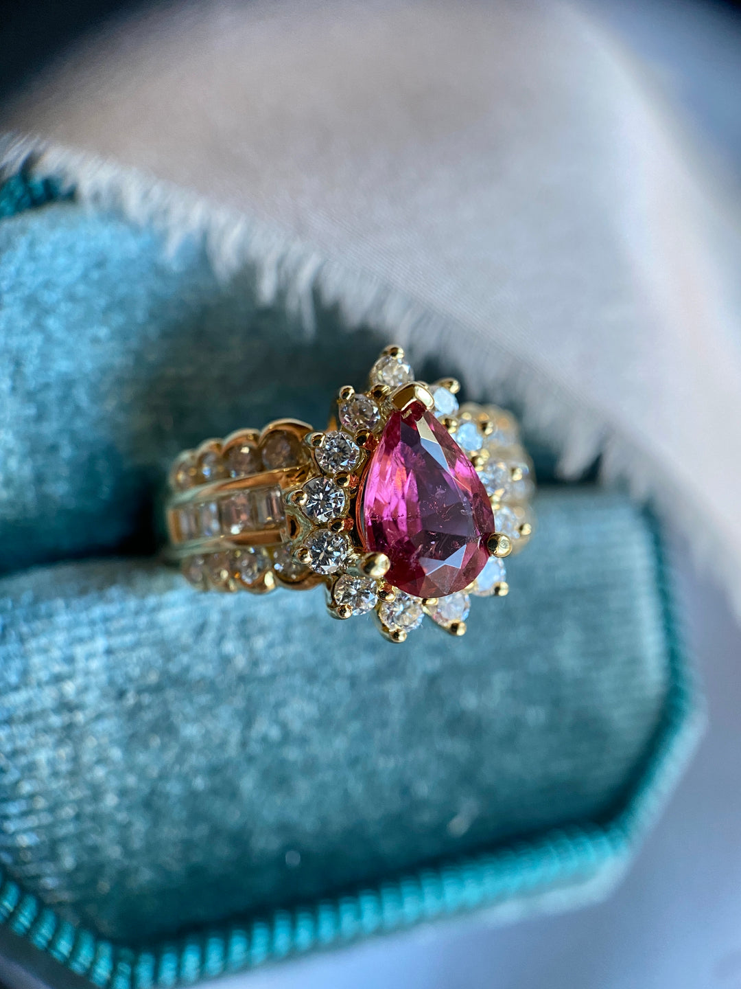 1.91 TCW Pink Tourmaline Ring Surrounded by Diamonds in 18k Yellow Gold