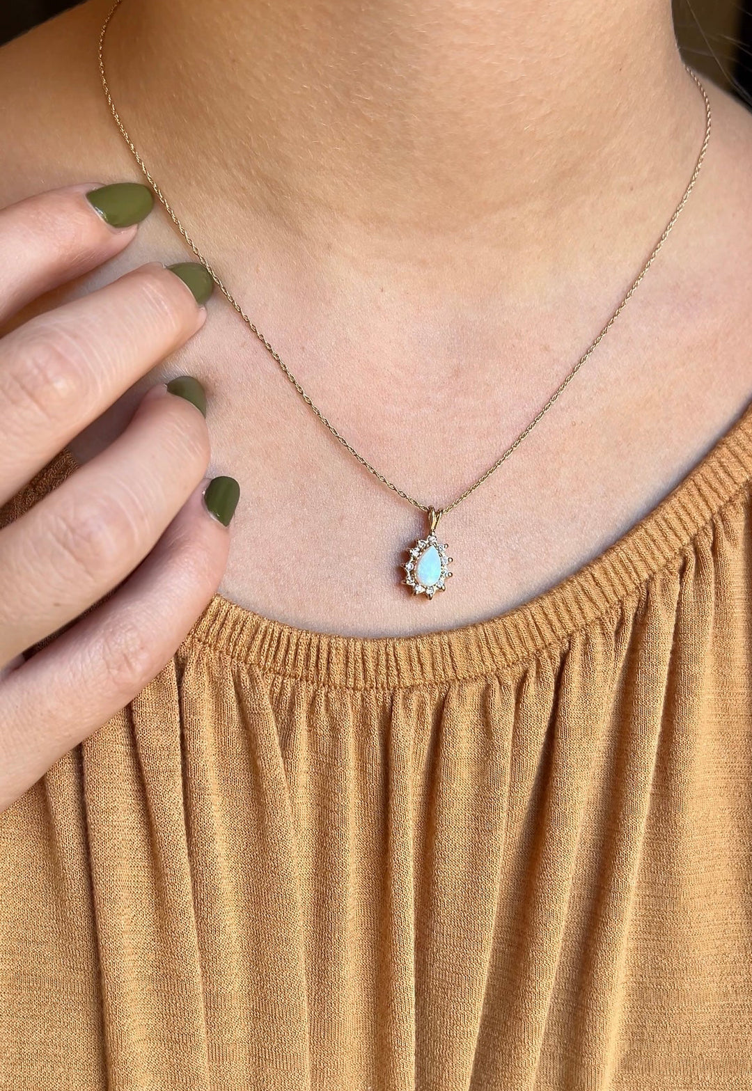 Vintage Opal And Diamond Necklace in 14k Yellow Gold