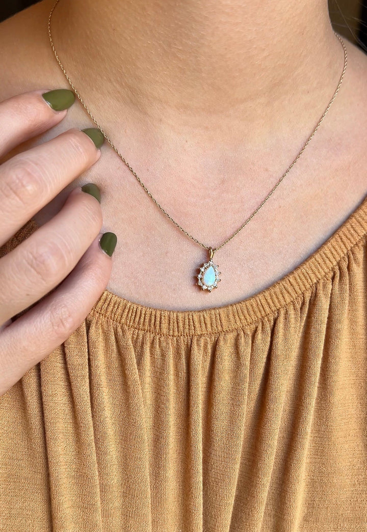 Vintage Opal And Diamond Necklace in 14k Yellow Gold