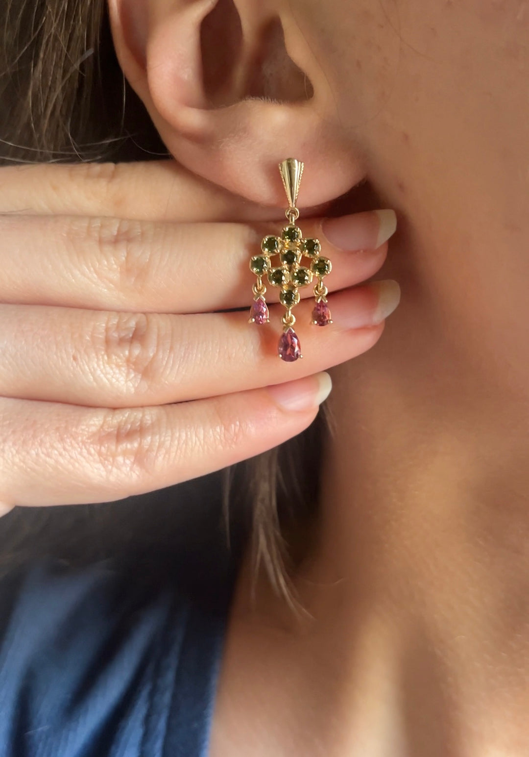 Vintage Watermelon Summer Pink and Green Tourmaline Earrings in 14k Yellow Gold