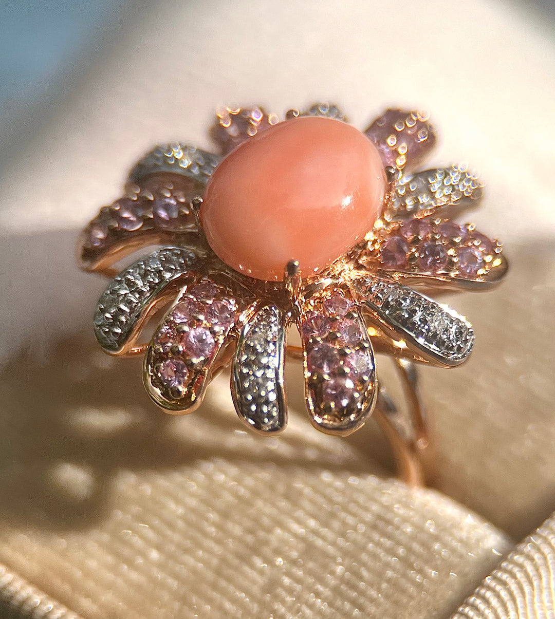 Coral, Pink Spinel, and Diamond Flower Cocktail Ring in 14k Rose Gold