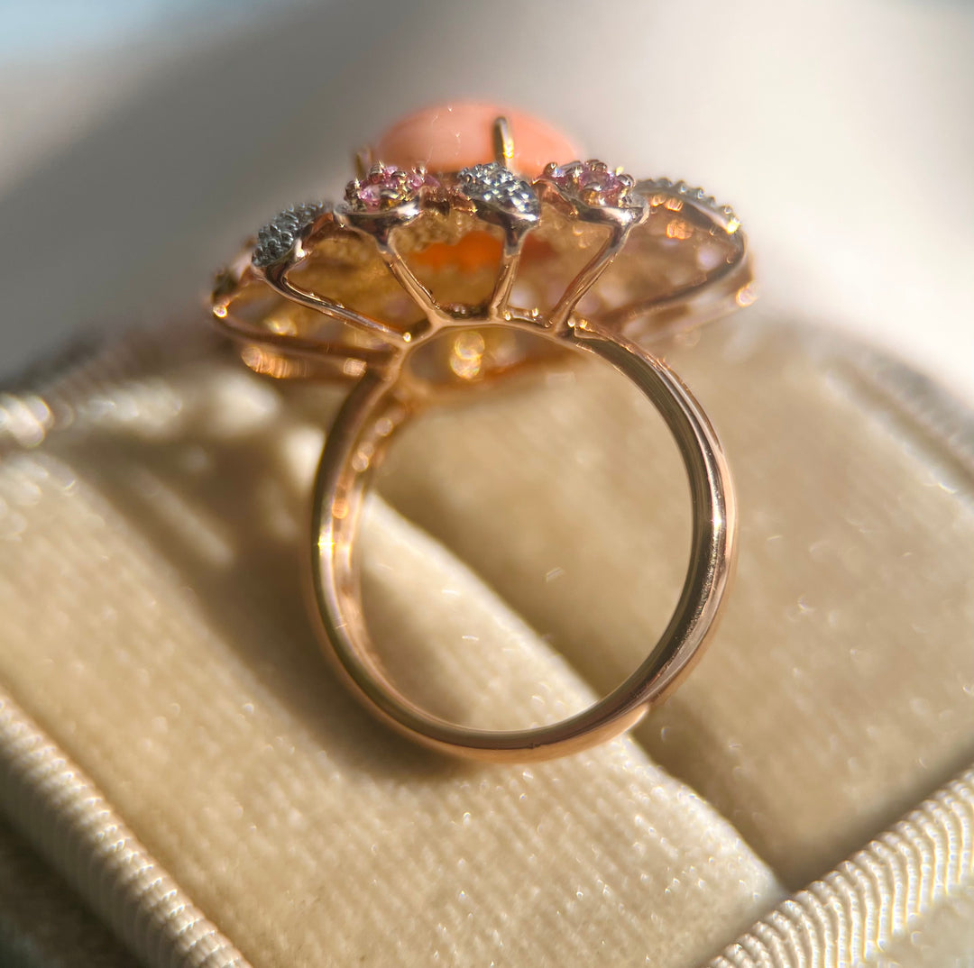 Coral, Pink Spinel, and Diamond Flower Cocktail Ring in 14k Rose Gold