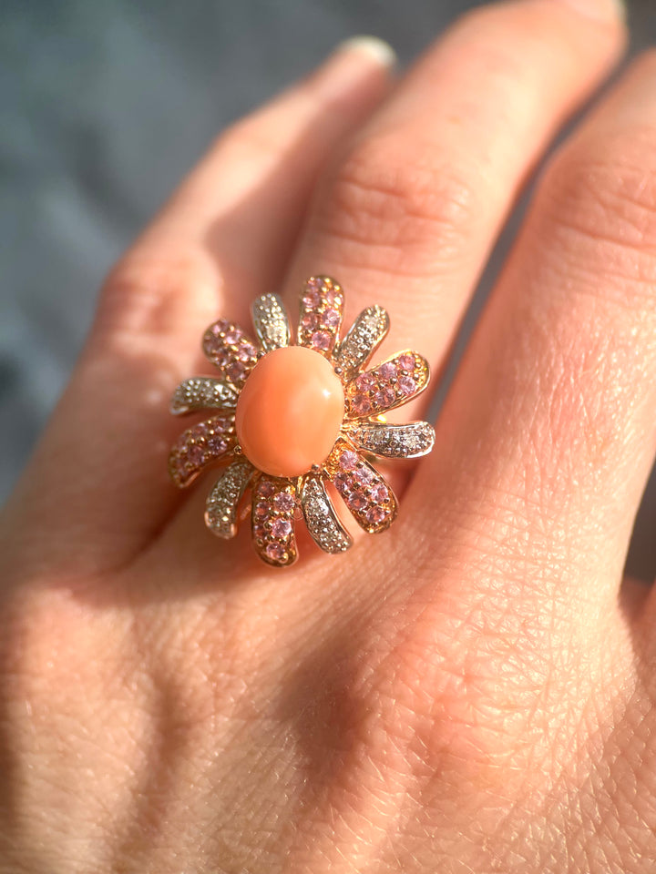 Coral, Pink Spinel, and Diamond Flower Cocktail Ring in 14k Rose Gold