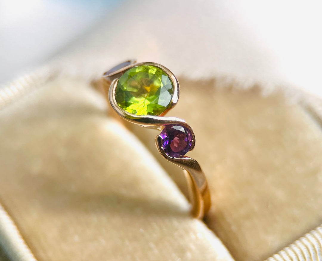 Peridot and Amethyst Ring in 18k Rose Gold