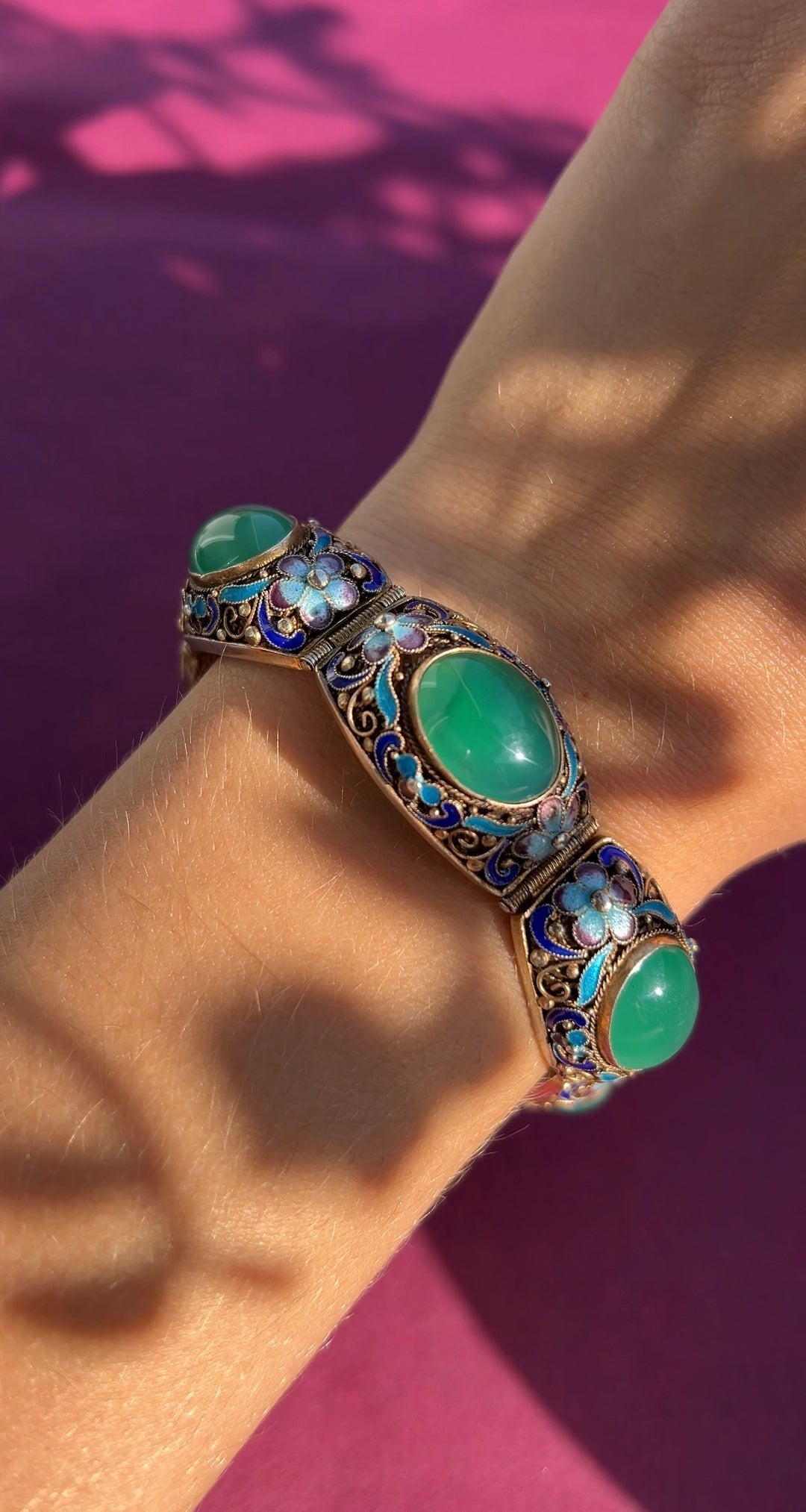 Vintage Chinese Export Silver Bracelet With Chrysoprase And Floral Enamel in Gilded Silver