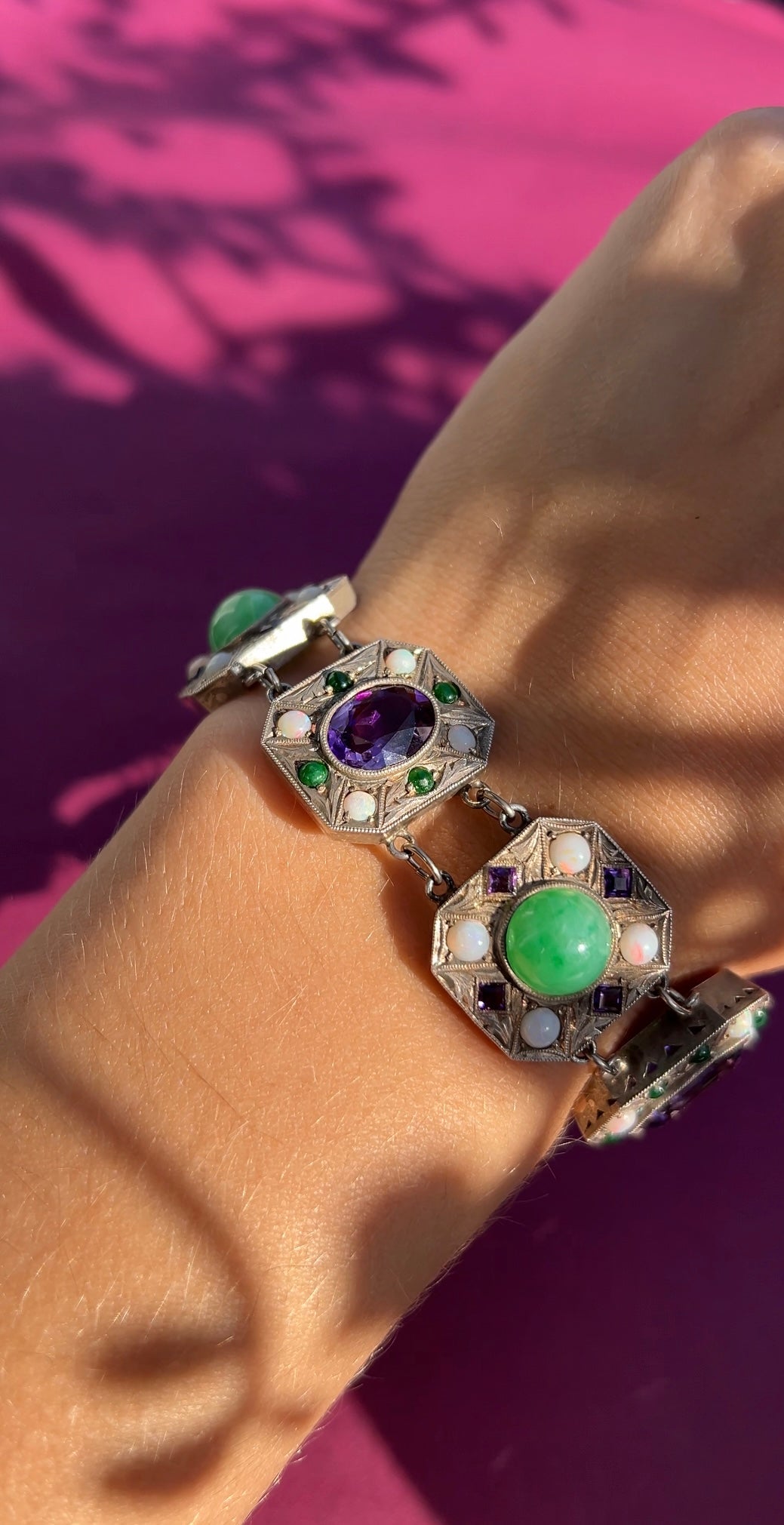 Vintage Sterling Silver Bracelet With Amethyst, Jade And Opal