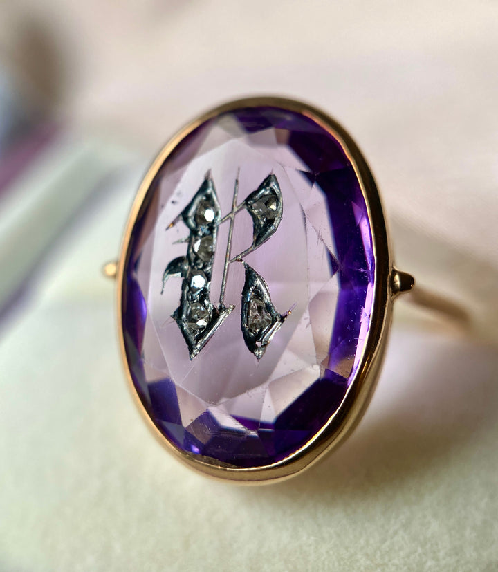 Antique Victorian Amethyst R Ring With Rose Cut Diamonds 14k Yellow Gold