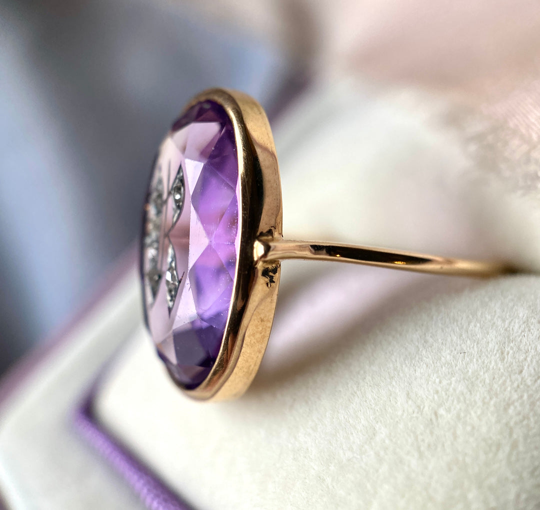 Antique Victorian Amethyst R Ring With Rose Cut Diamonds 14k Yellow Gold