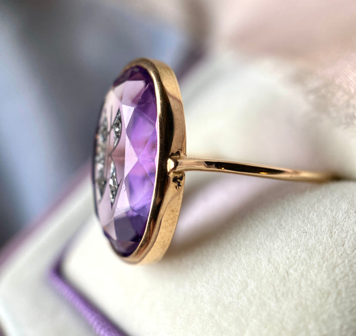 Antique Victorian Amethyst R Ring With Rose Cut Diamonds 14k Yellow Gold