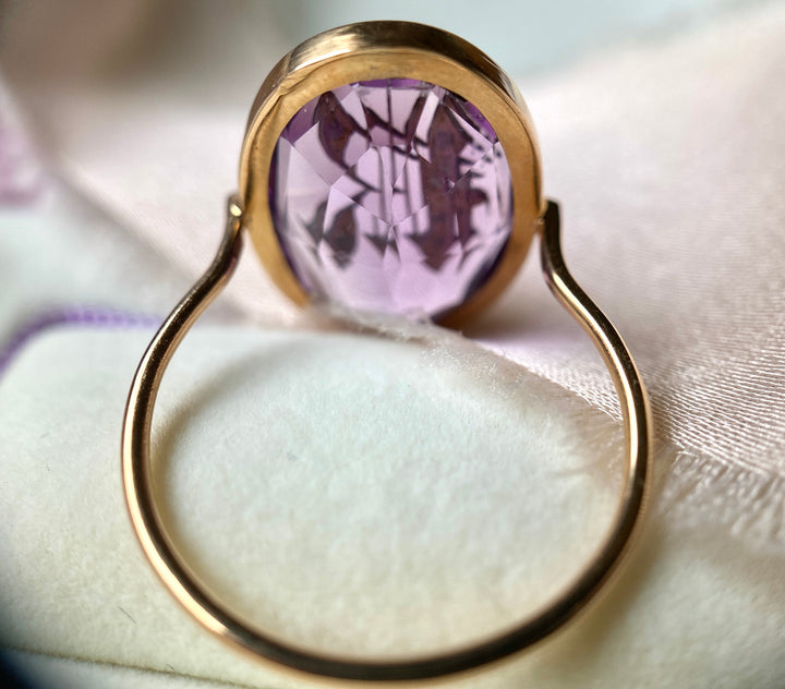 Antique Victorian Amethyst R Ring With Rose Cut Diamonds 14k Yellow Gold