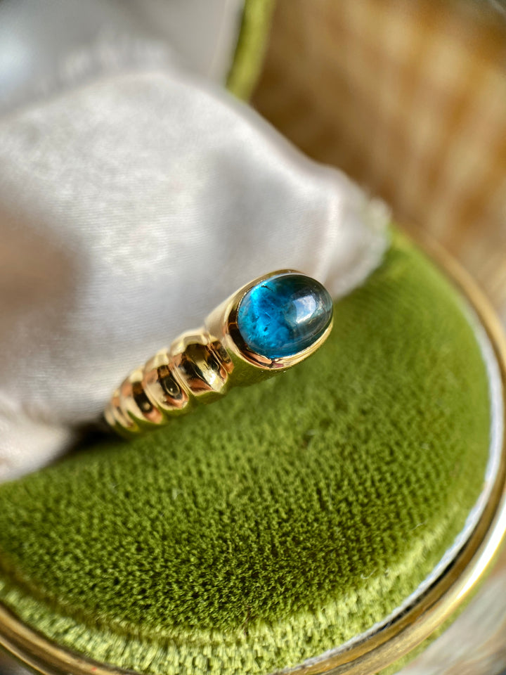 Vintage Blue Sea Tourmaline Bezel Ring in 14k Gold