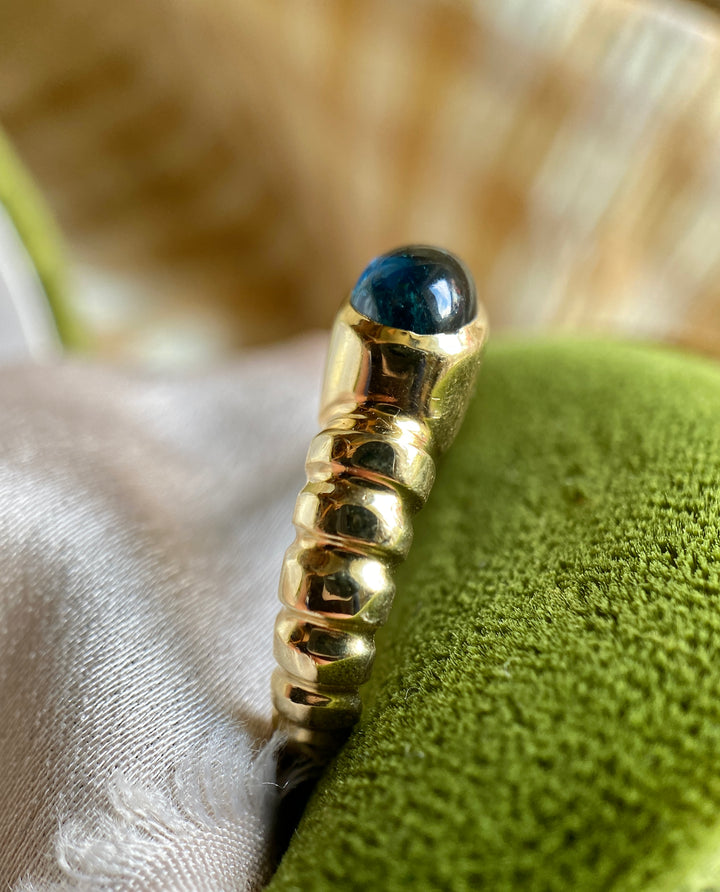 Vintage Blue Sea Tourmaline Bezel Ring in 14k Gold