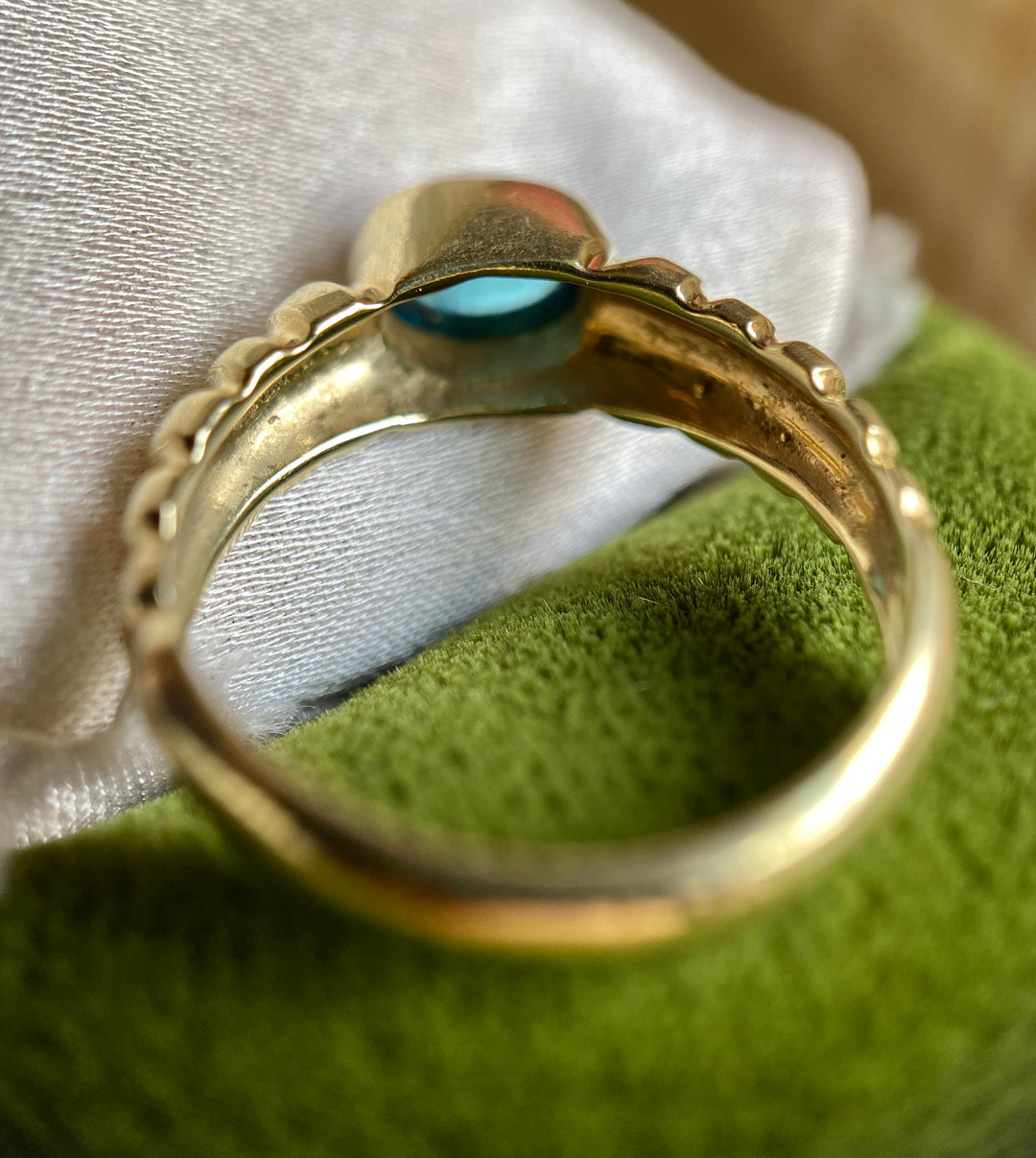 Vintage Blue Sea Tourmaline Bezel Ring in 14k Gold