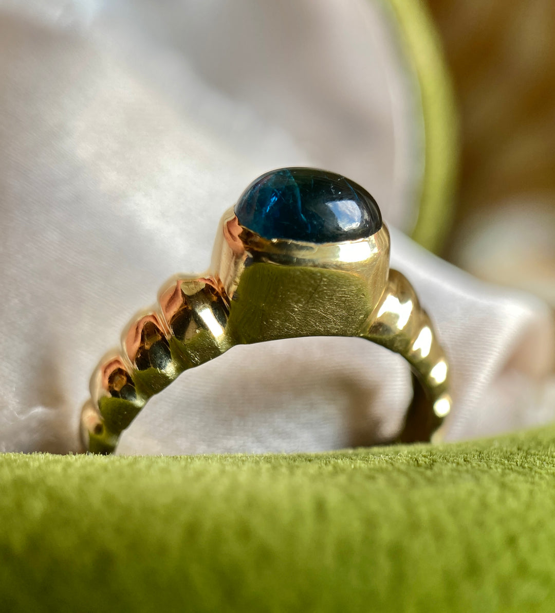 Vintage Blue Sea Tourmaline Bezel Ring in 14k Gold