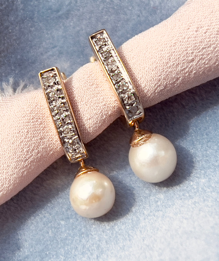 Timeless Diamond Hoops with Pearl Dangle Accent in 14k Yellow Gold