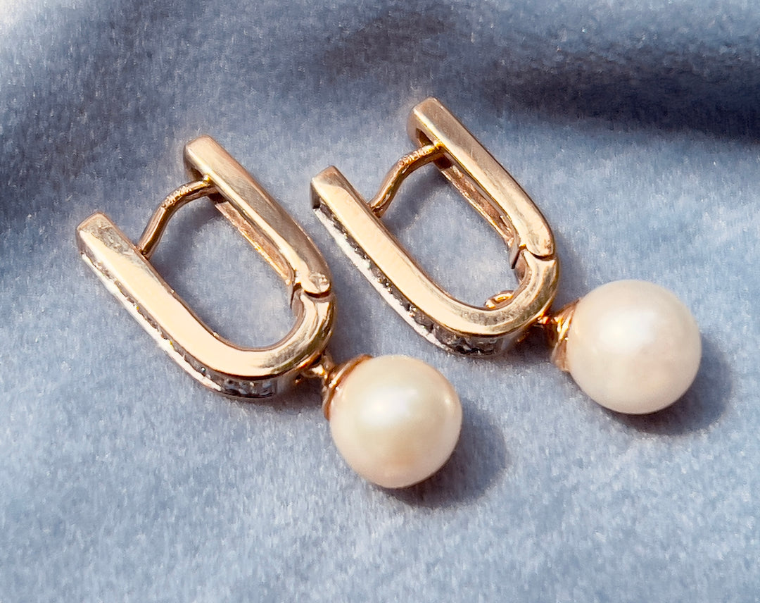 Timeless Diamond Hoops with Pearl Dangle Accent in 14k Yellow Gold