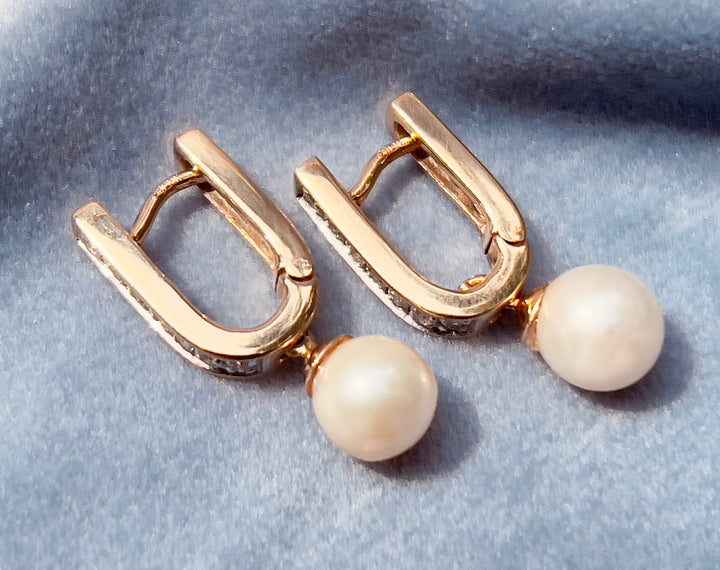 Timeless Diamond Hoops with Pearl Dangle Accent in 14k Yellow Gold