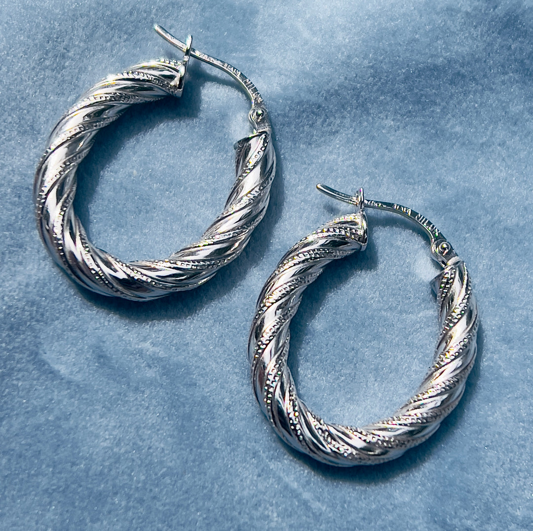 Detailed Twist Hoops in 14k White Gold
