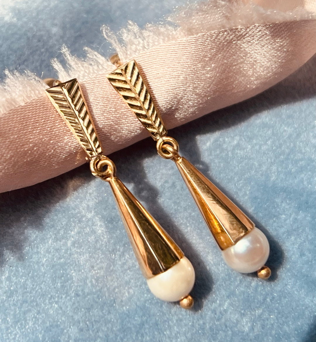Timeless Diamond Pearl Dangle Earrings in 14k Yellow Gold