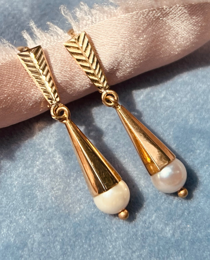 Timeless Diamond Pearl Dangle Earrings in 14k Yellow Gold