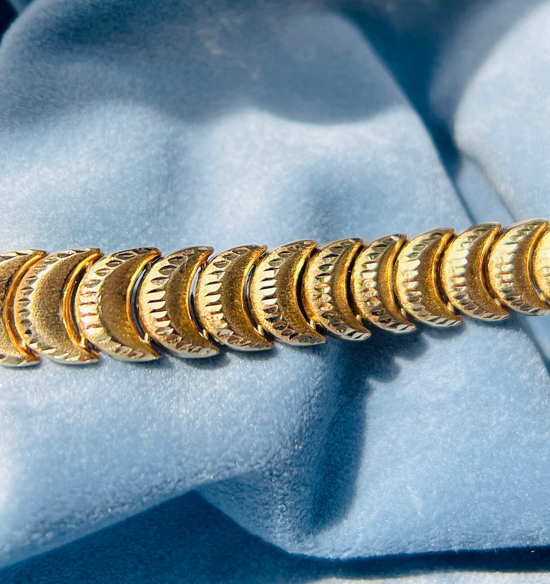 Crescent Moon Luxury Vintage Diamond Cut Bracelet Heavy Solid 14k Yellow Gold