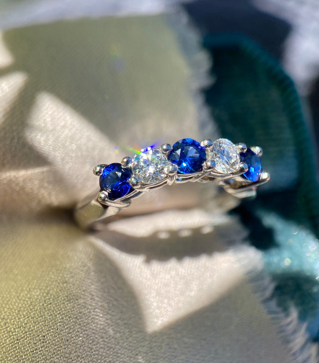 Shining Star Sapphire And Diamond Curved Band Set In Platinum