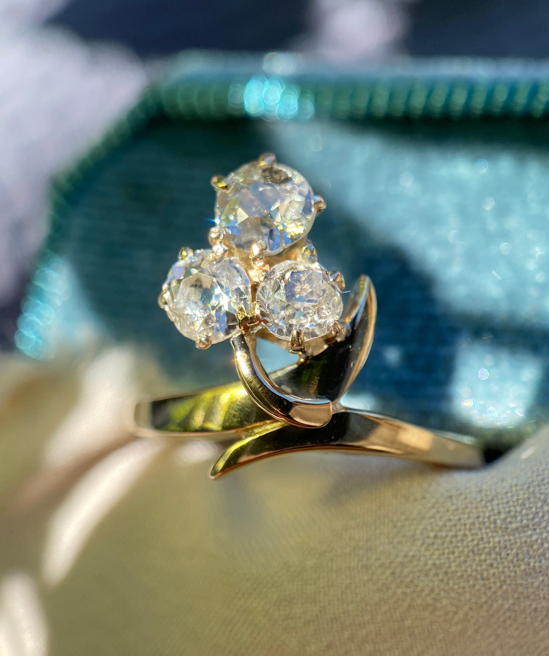 Victorian Clover Old Mine Cut Diamond Ring in 14k Gold