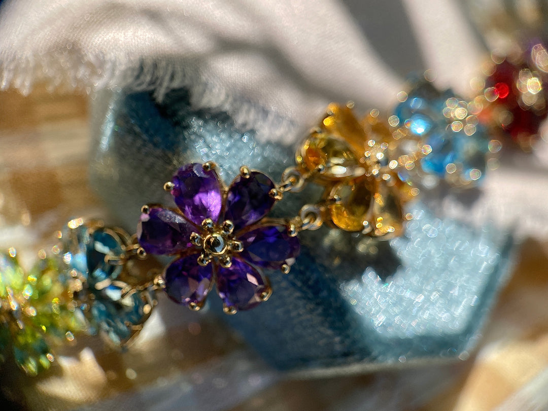 Colorful Daisy Bracelet With Peridot, Topaz, Citrine, Garnet and Amethyst in 10k Yellow Gold