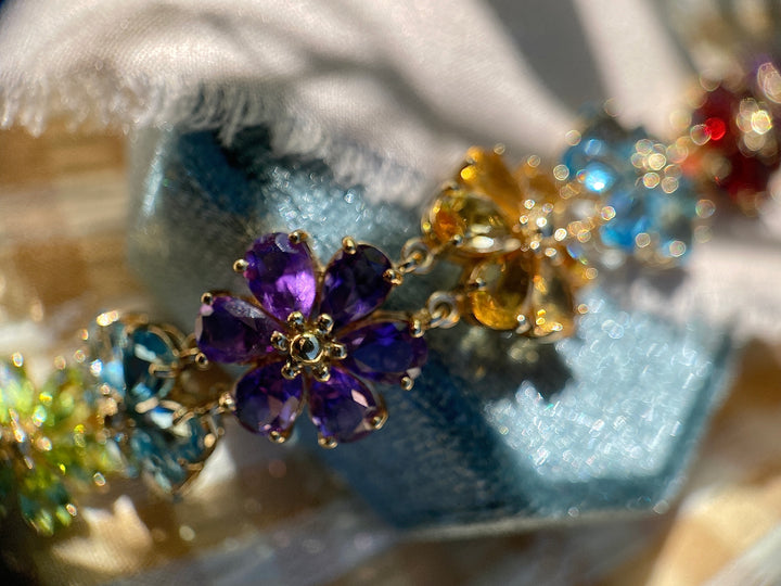 Colorful Daisy Bracelet With Peridot, Topaz, Citrine, Garnet and Amethyst in 10k Yellow Gold