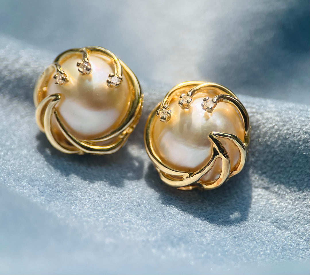 Mabe Pearl and White Topaz Accents Earrings  in 14k Yellow Gold