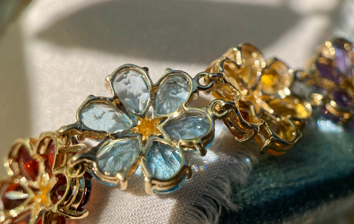 Colorful Daisy Bracelet With Peridot, Topaz, Citrine, Garnet and Amethyst in 10k Yellow Gold