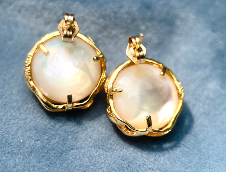 Mabe Pearl and White Topaz Accents Earrings  in 14k Yellow Gold
