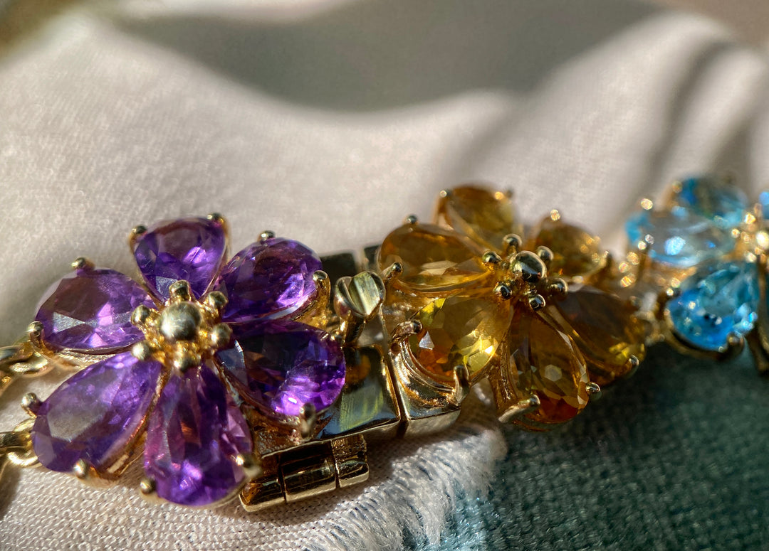 Colorful Daisy Bracelet With Peridot, Topaz, Citrine, Garnet and Amethyst in 10k Yellow Gold