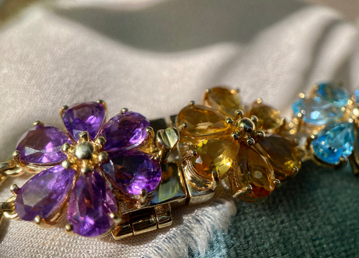 Colorful Daisy Bracelet With Peridot, Topaz, Citrine, Garnet and Amethyst in 10k Yellow Gold