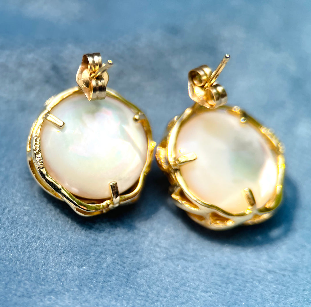 Mabe Pearl and White Topaz Accents Earrings  in 14k Yellow Gold