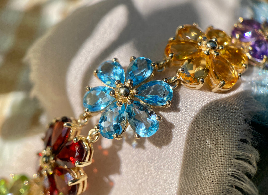 Colorful Daisy Bracelet With Peridot, Topaz, Citrine, Garnet and Amethyst in 10k Yellow Gold