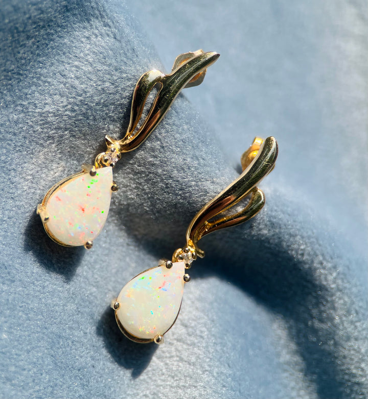 Geometric Created Opal and Diamond Earrings in 14k Yellow Gold