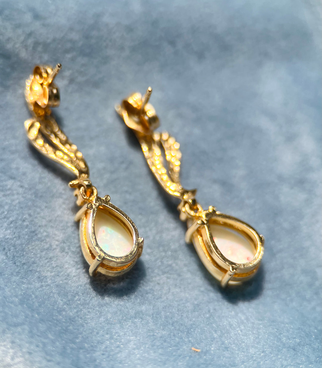Geometric Created Opal and Diamond Earrings in 14k Yellow Gold