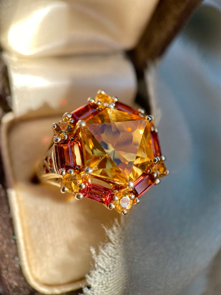 Warm Sunset Citrine And Garnet Vintage Statement TCW 4.92 Ring in 10k Yellow Gold