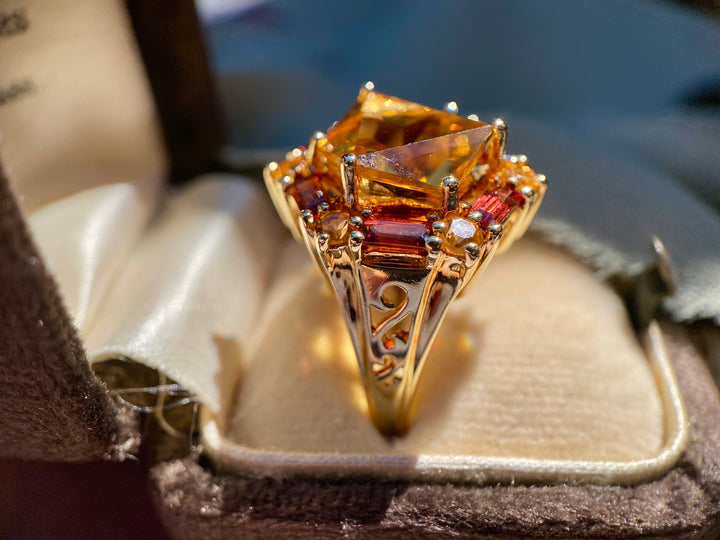 Warm Sunset Citrine And Garnet Vintage Statement TCW 4.92 Ring in 10k Yellow Gold