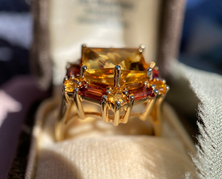 Warm Sunset Citrine And Garnet Vintage Statement TCW 4.92 Ring in 10k Yellow Gold
