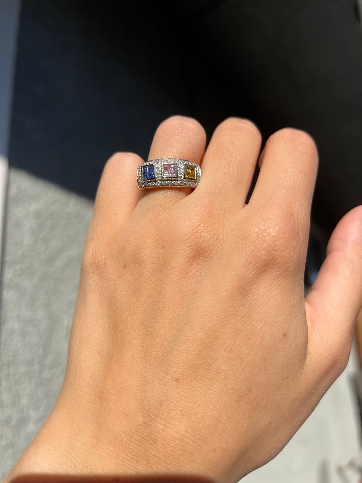 Celebration Natural Multicolored Sapphire and Diamond Ring in 14k White Gold