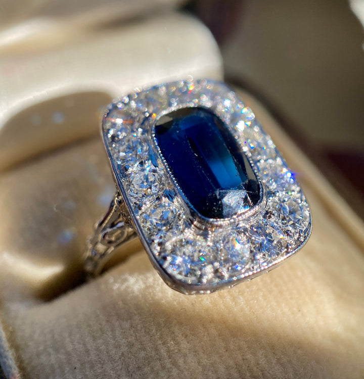 Midnight Train Art Deco Created Sapphire and Natural Diamond Ring in Platinum