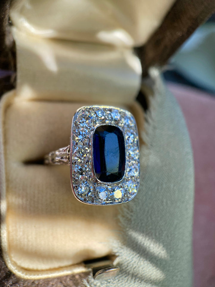 Midnight Train Art Deco Created Sapphire and Natural Diamond Ring in Platinum